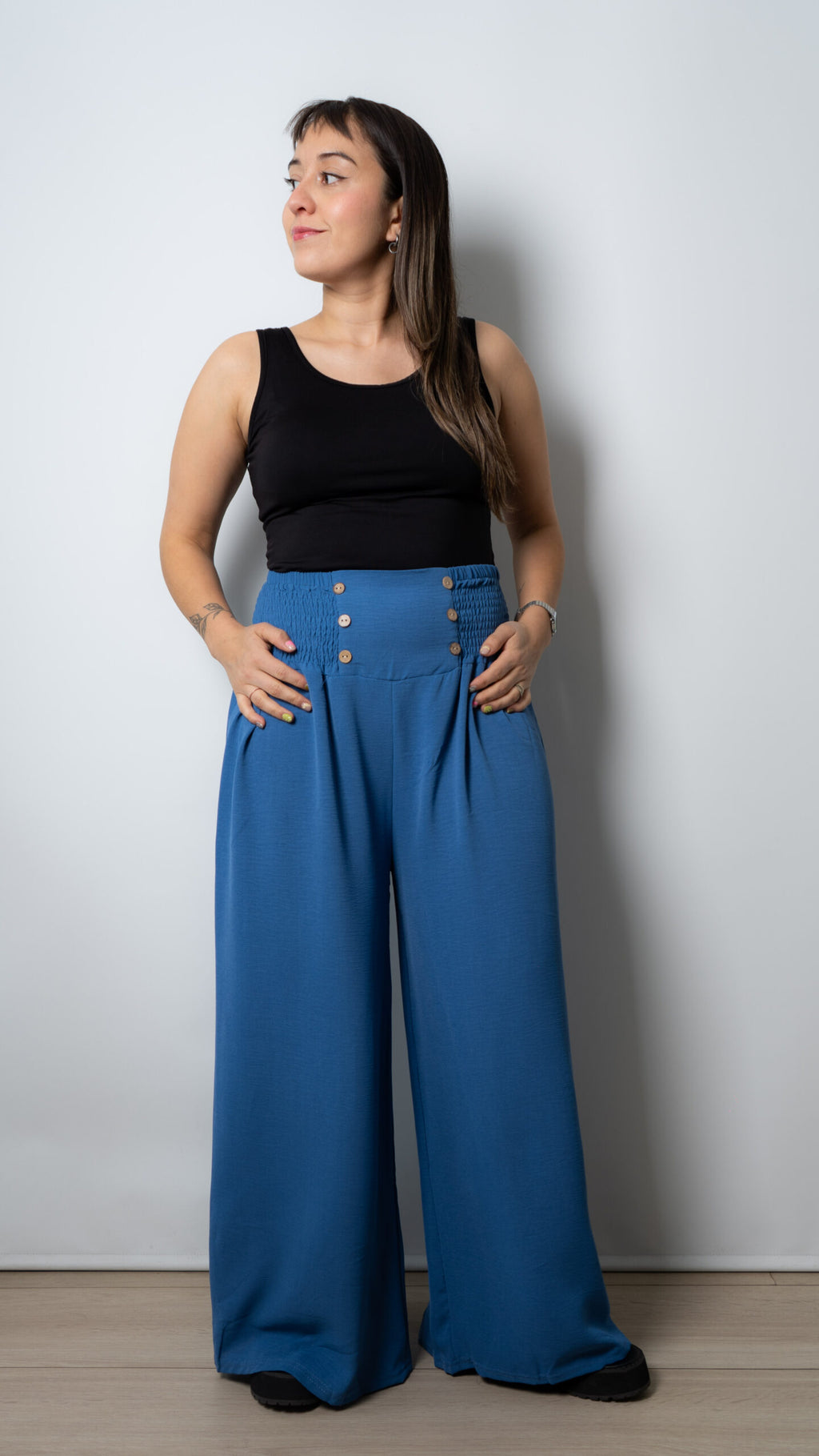 Pantalon panal con botones - Azul