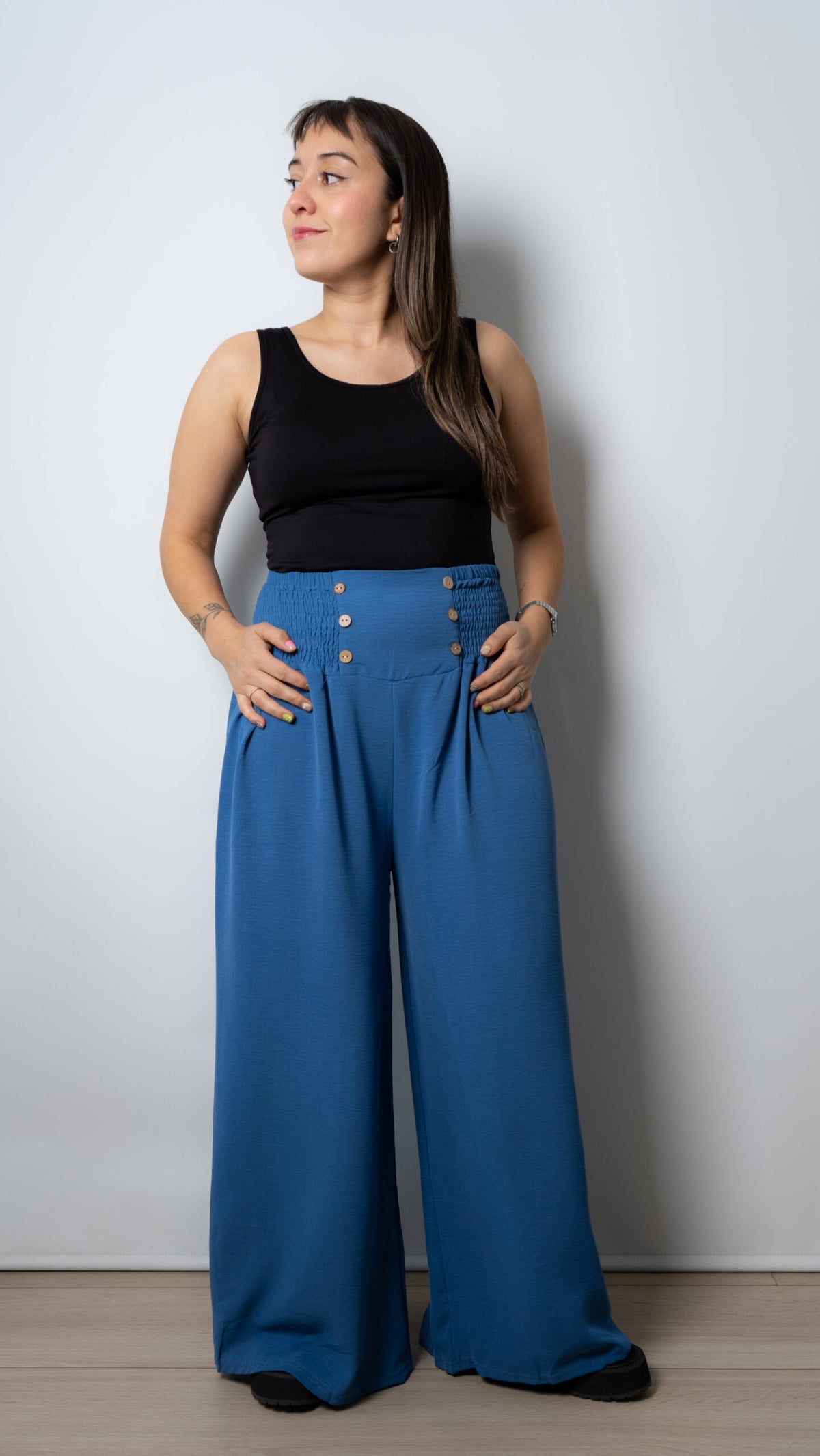 Pantalon panal con botones - Azul