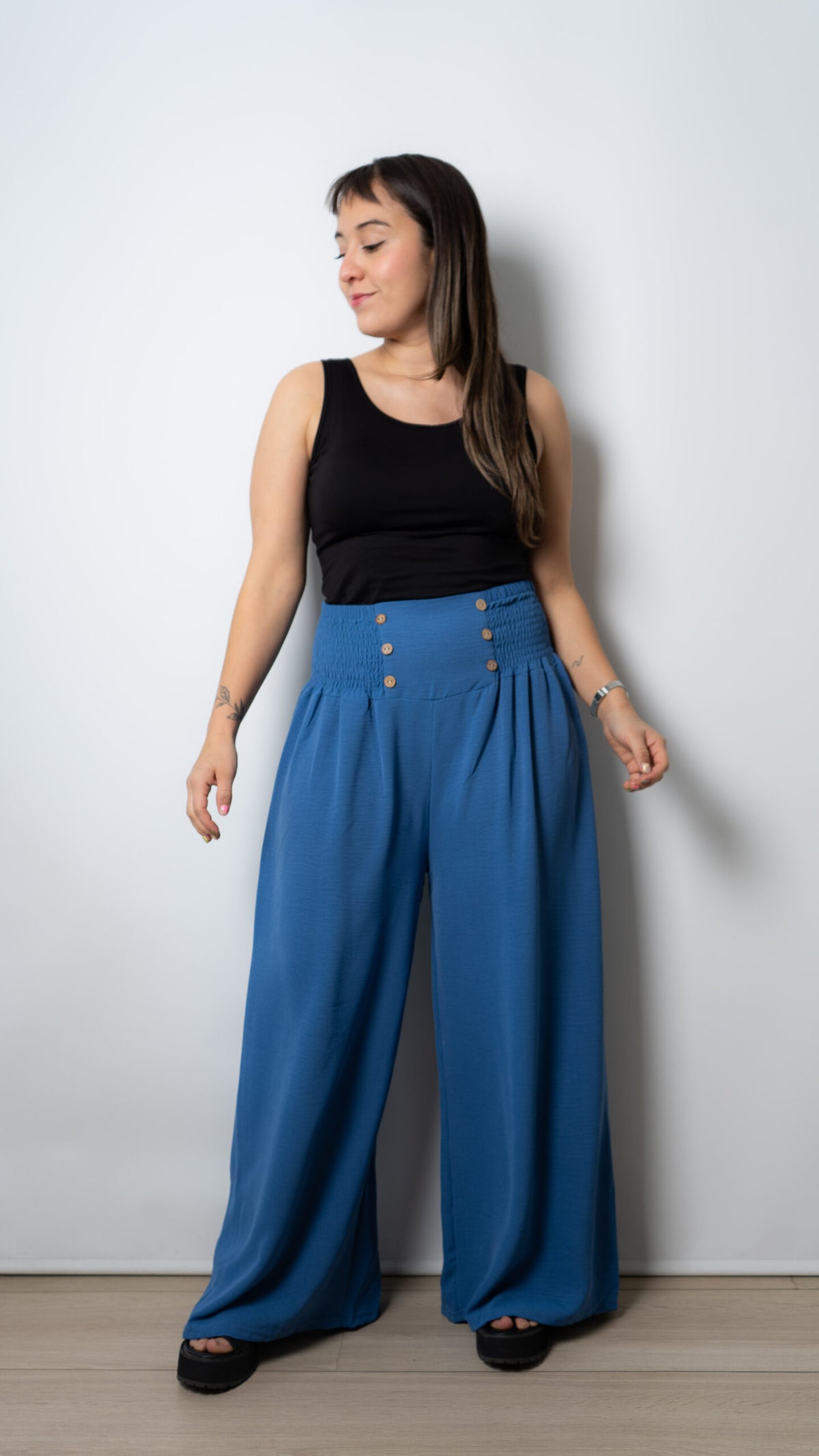 Pantalon panal con botones - Azul