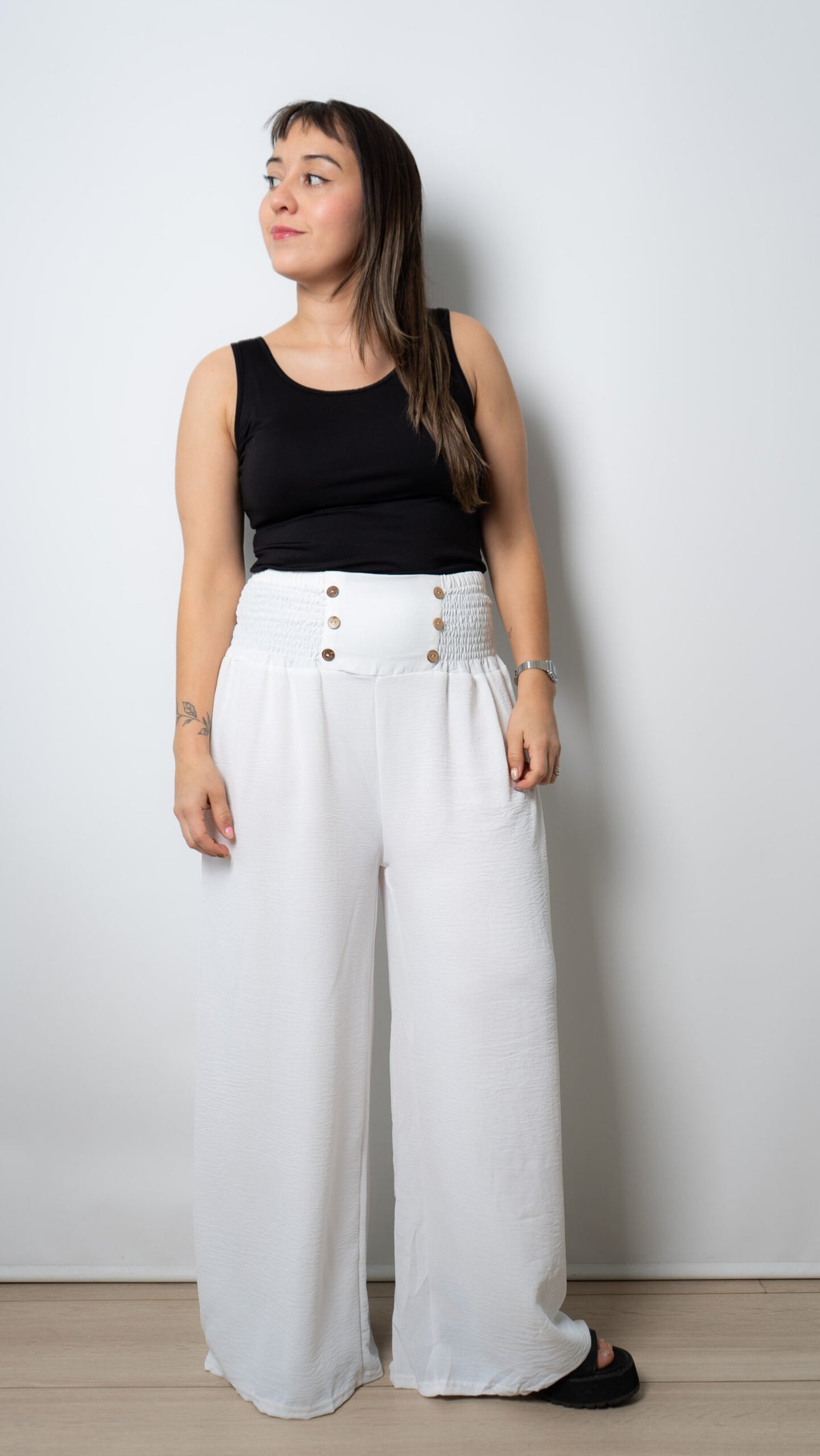 Pantalon panal con botones - Blanco