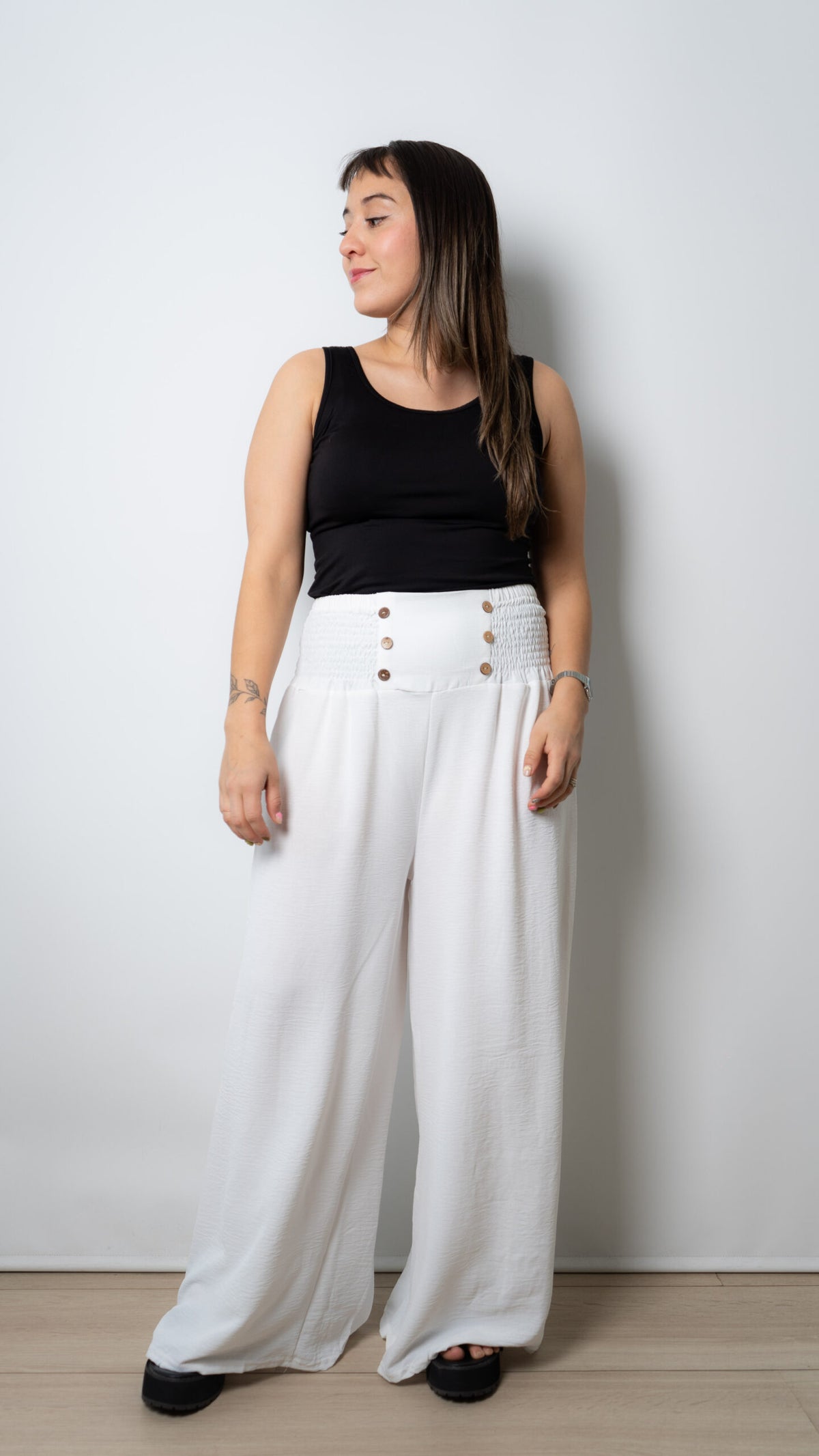 Pantalon panal con botones - Blanco