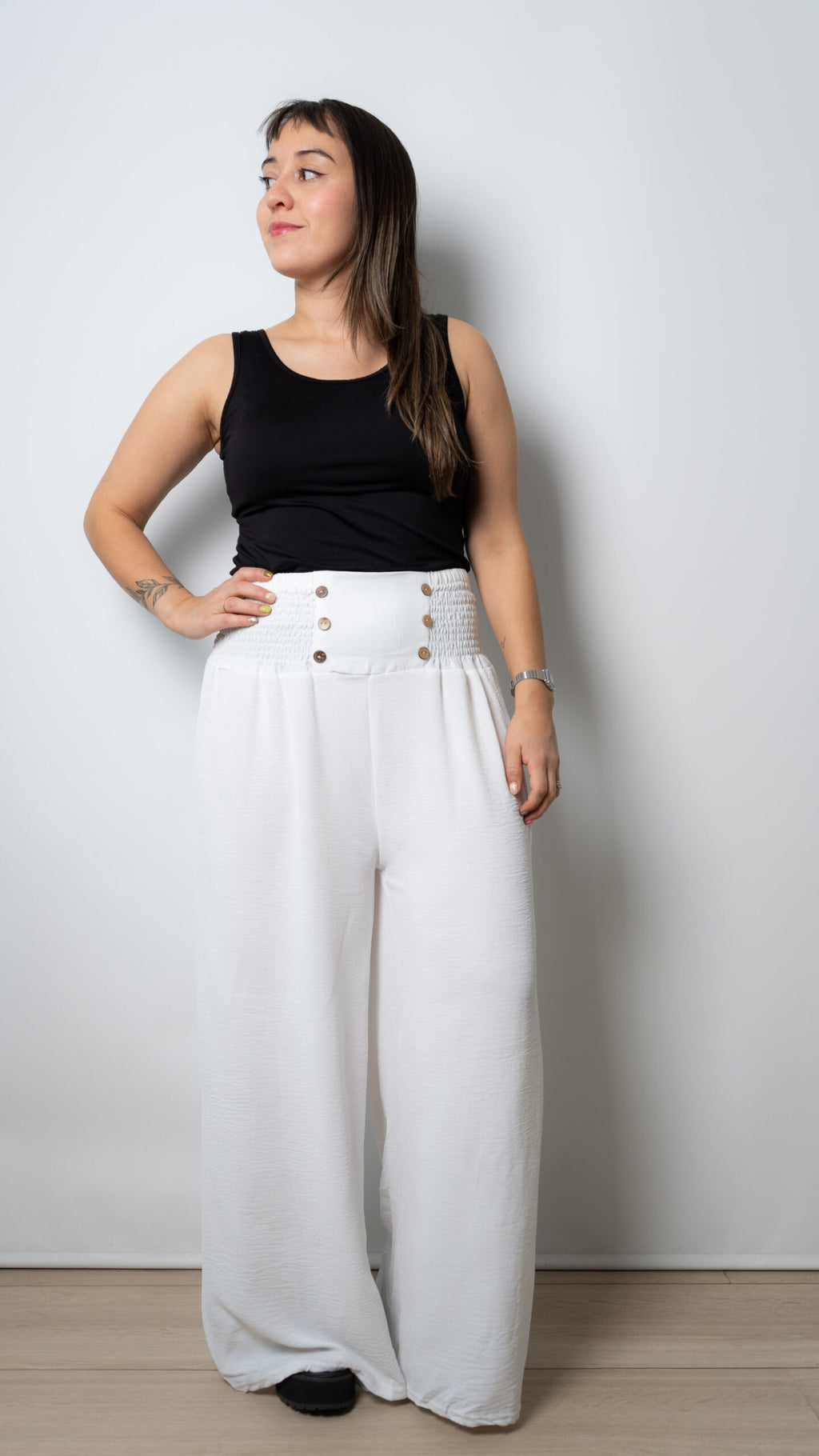 Pantalon panal con botones - Blanco