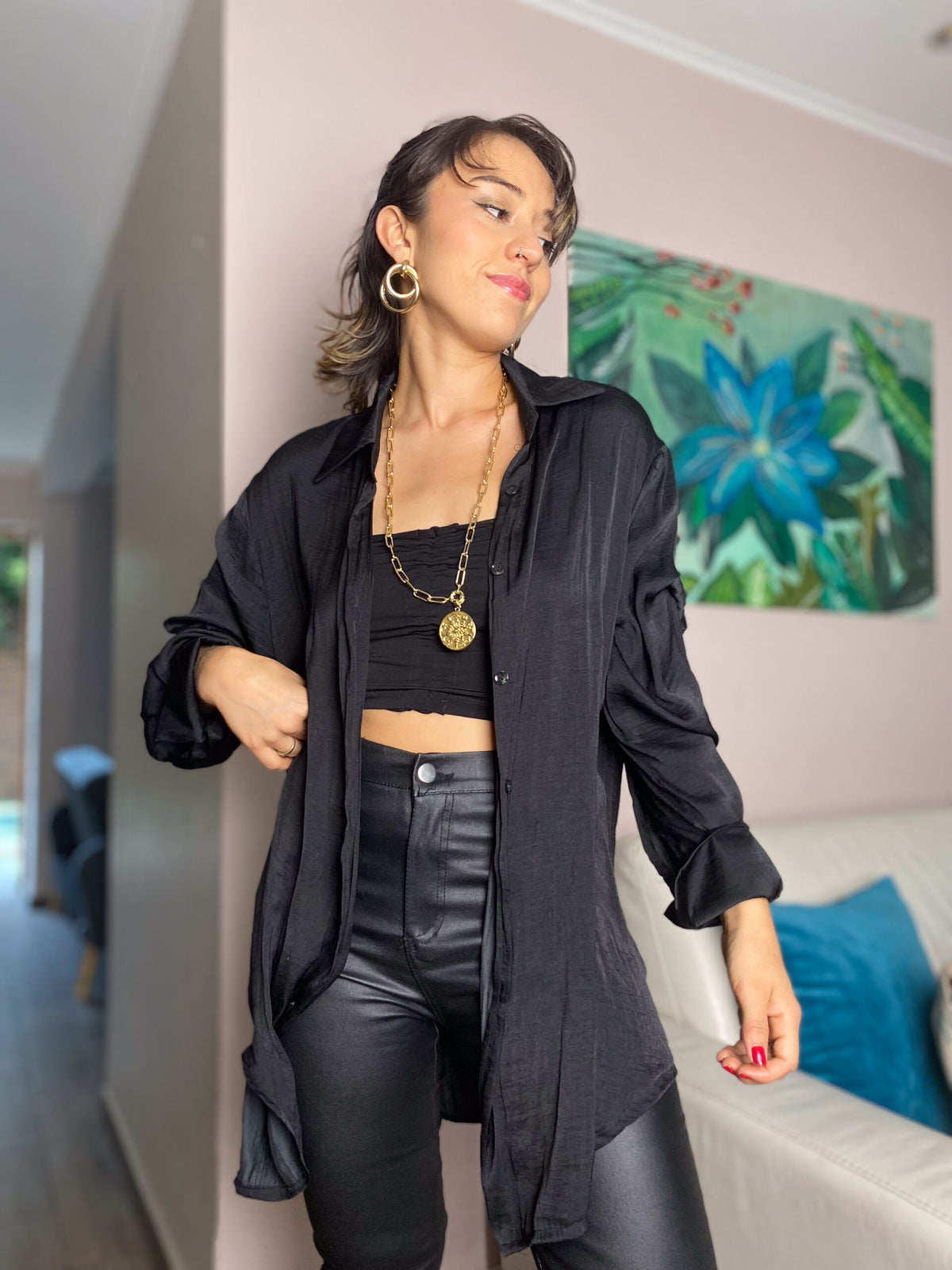 Blusa satín delgadita - Negro