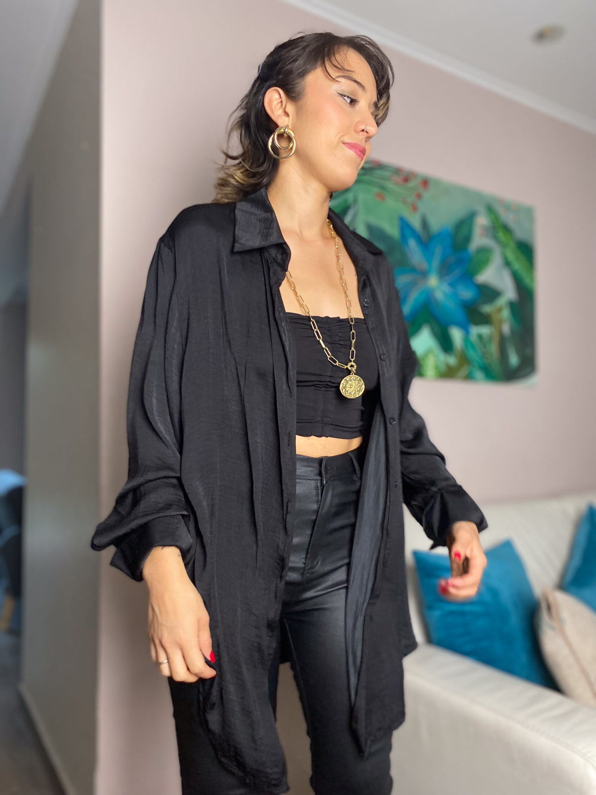 Blusa satín delgadita - Negro