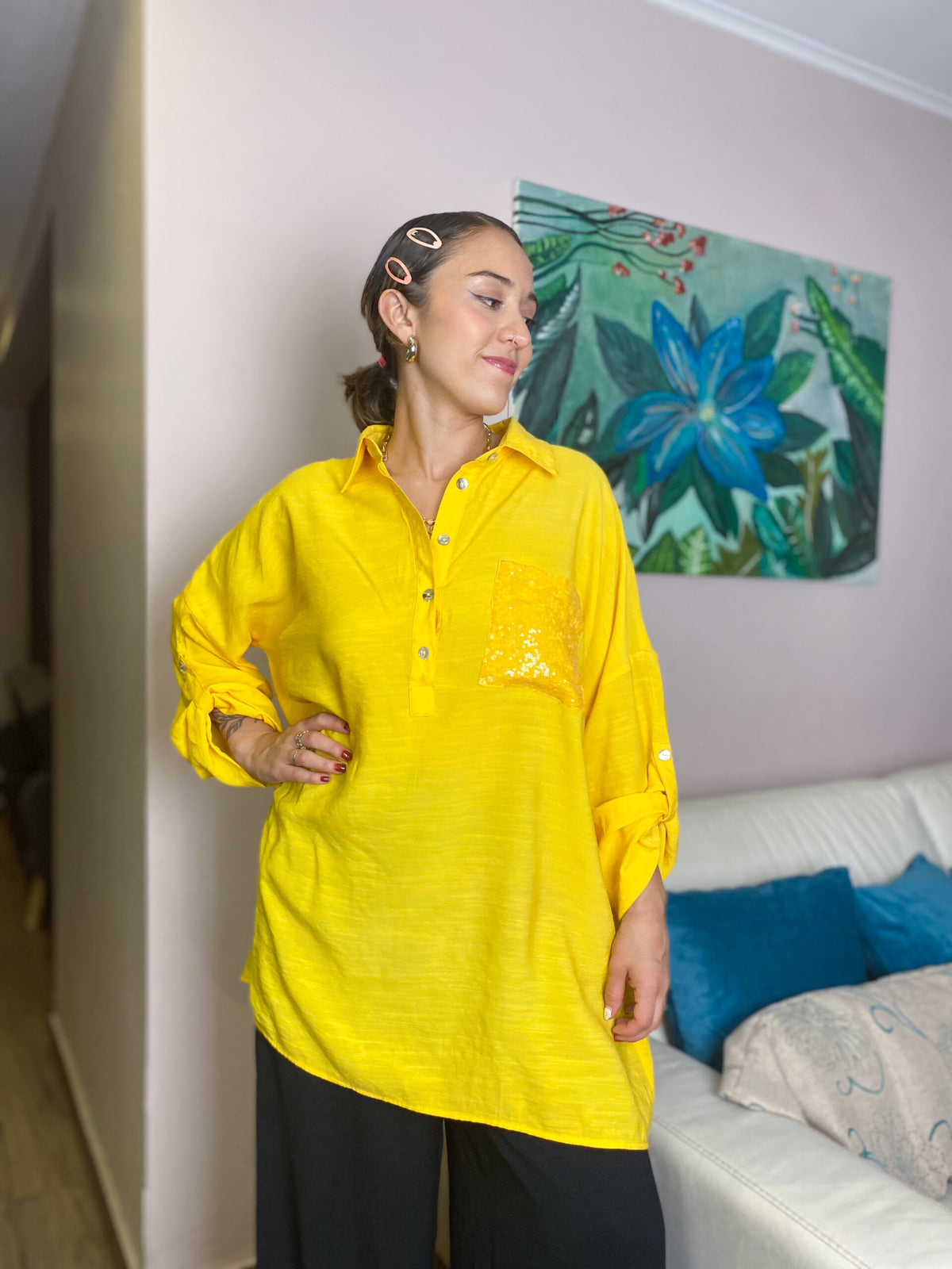 Blusa Mica - Amarillo - bolsillo con brillos