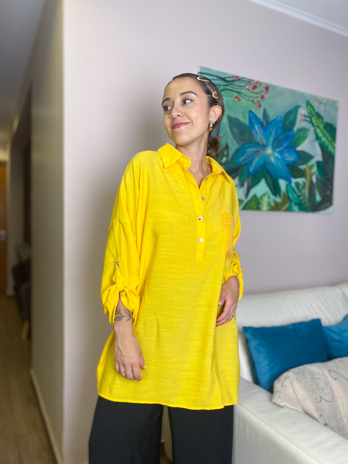 Blusa Mica - Amarillo - bolsillo con brillos