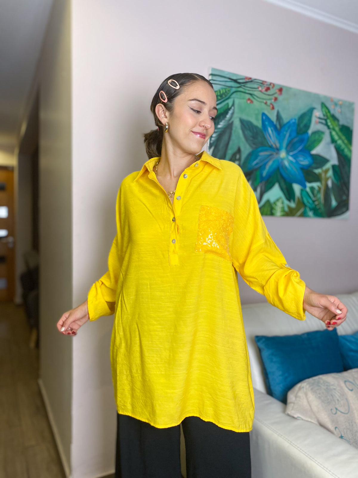 Blusa Mica - Amarillo - bolsillo con brillos