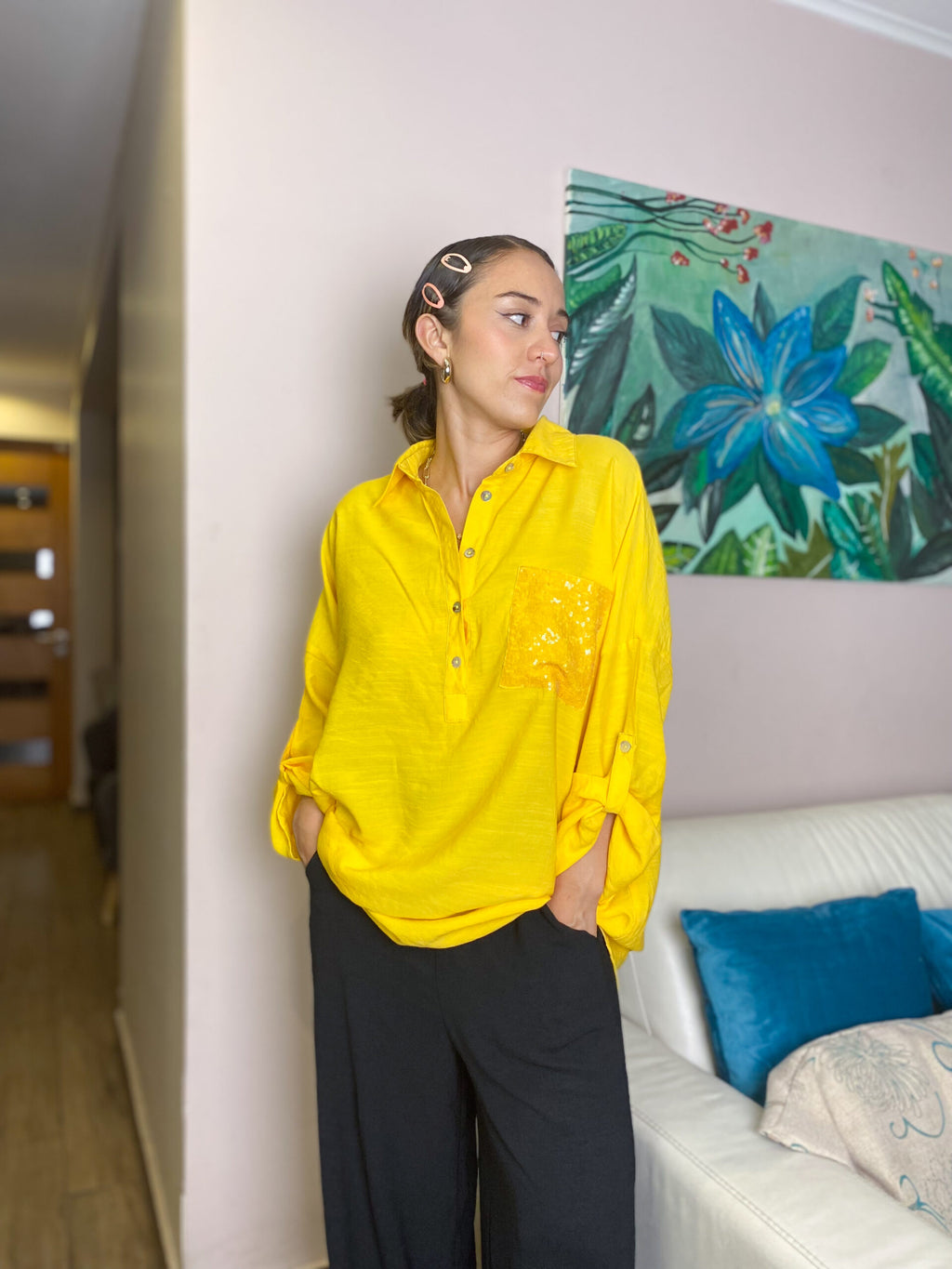 Blusa Mica - Amarillo - bolsillo con brillos